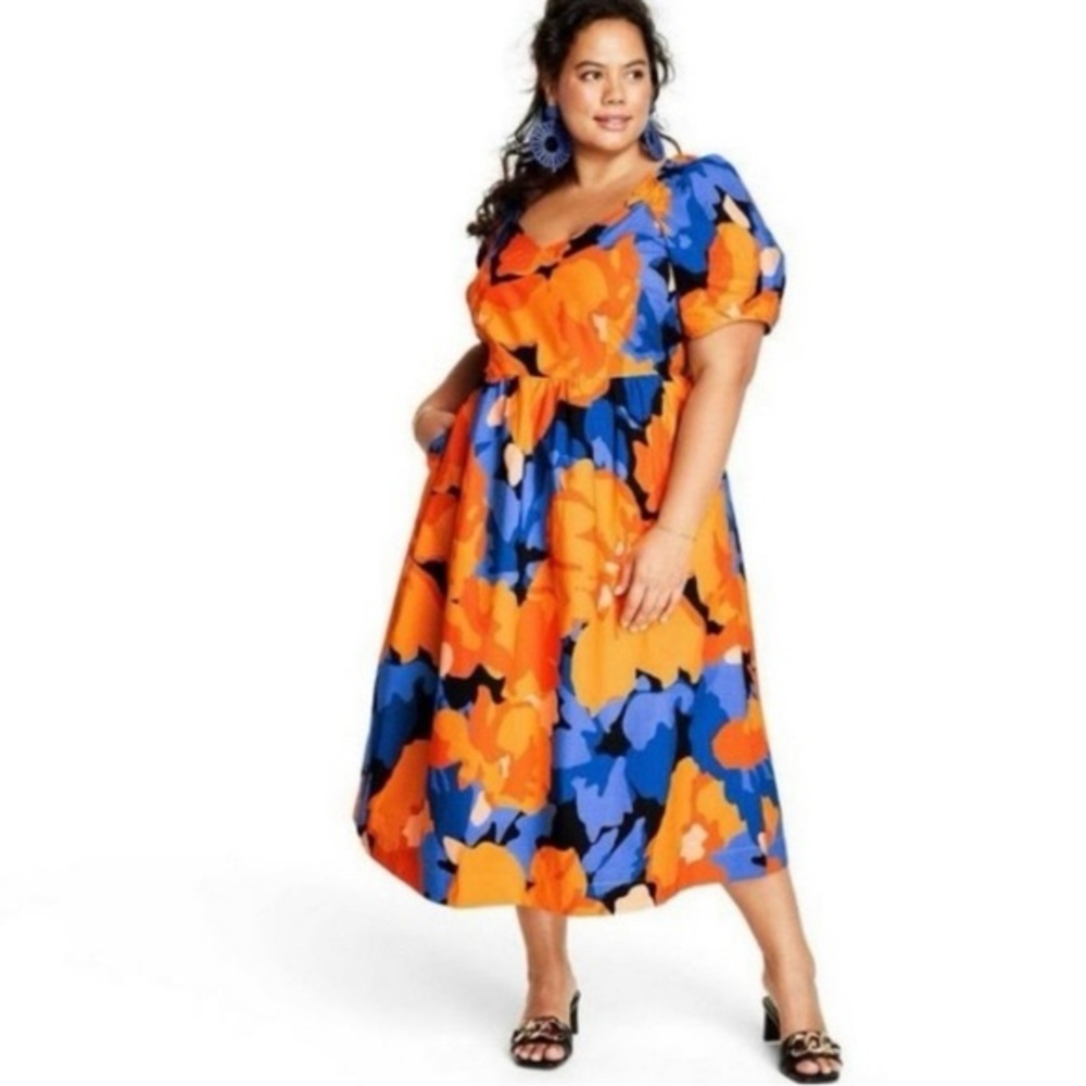 Tabitha Brown x Target Orange/Blue Floral Puff Sleeve Tie Back Midi Dress